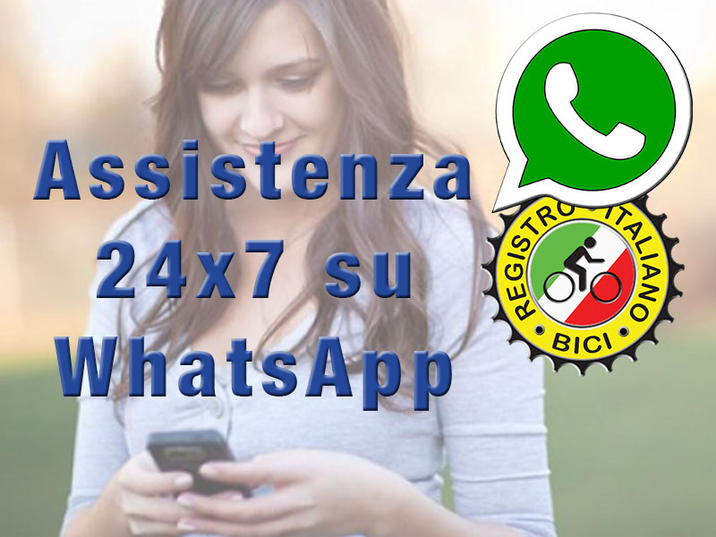 Il Registro Italiano Bici fornisce assistenza gratuita via WhatsApp 24 x 7 contattando via WhatsApp il numero mobile 3478775258.<br/>
						<a href='https://api.whatsapp.com/send?phone=+393478775258&text=Cosa vuoi sapere?' target='_blank'><i class='fa fa-whatsapp'  style='font-size: 20px;'></i> Contattaci</a>