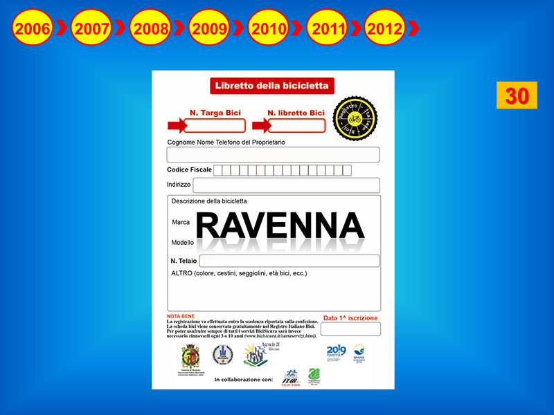 Ravenna, numero 30, aderisce al Registro Italiano Bici con un progetto che diventerà un riferimento importante per le città che seguiranno, quale best practice.